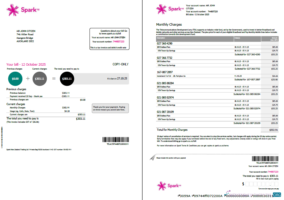 download New Zealand Spark utility bill template in Word and PDF formats, 2 pages, version 2 PDF template